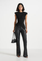Paige - Wide Shoulder Ruched Waist Top - Black