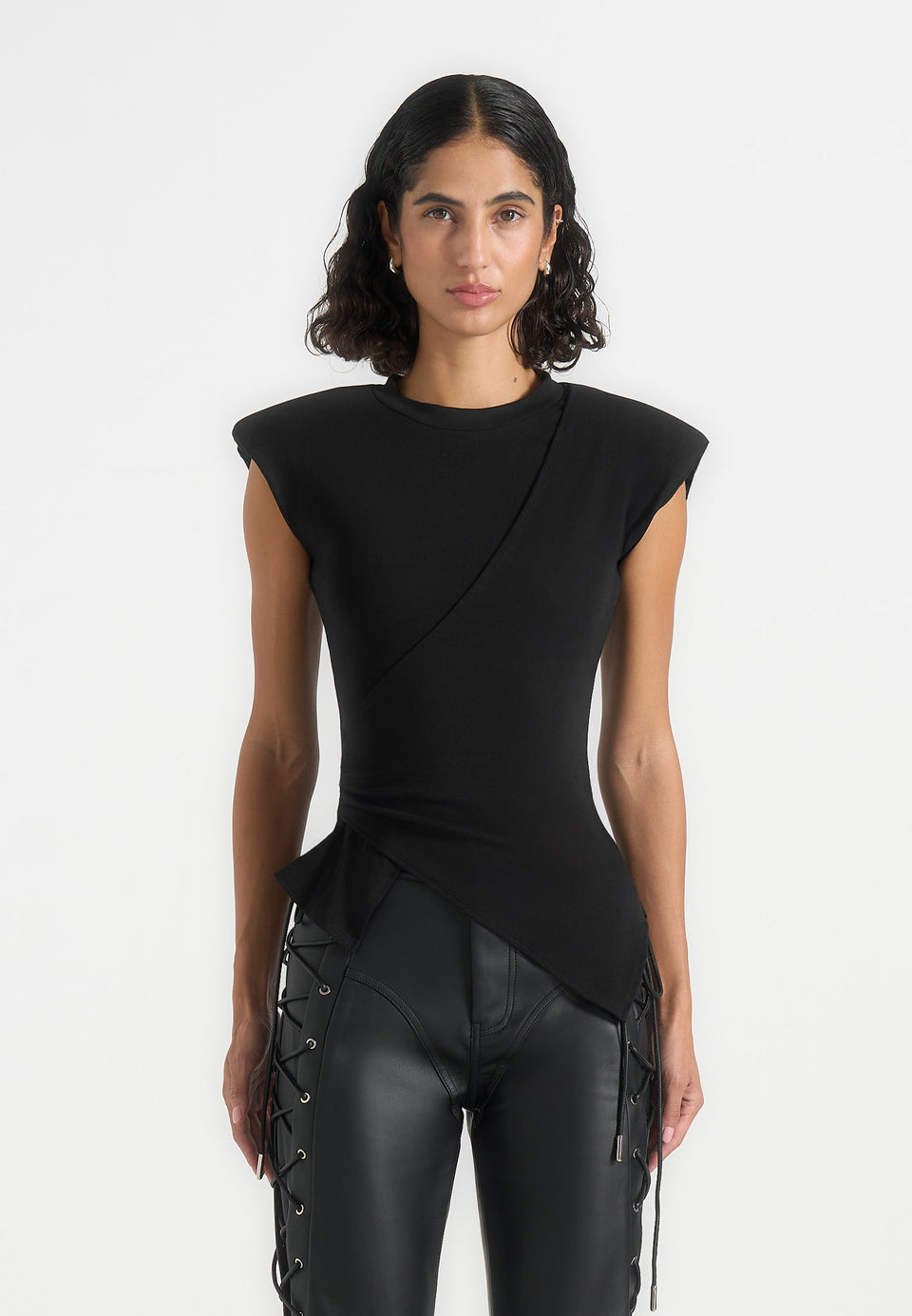 Paige - Wide Shoulder Ruched Waist Top - Black