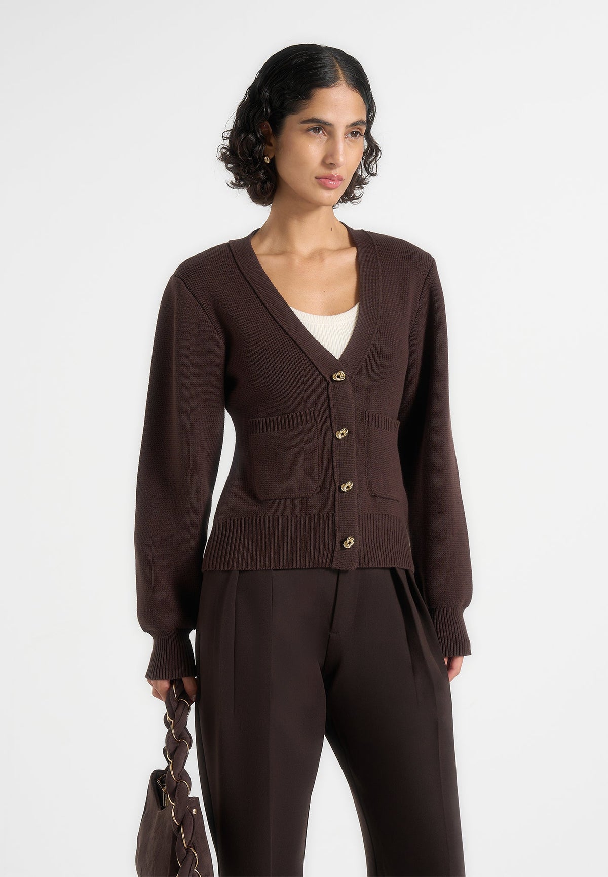 Tessa - Cinched Waist Cotton Cardigan - Brown