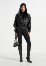 Tamsin - Hooded Cropped Leather Jacket With Belt - Black