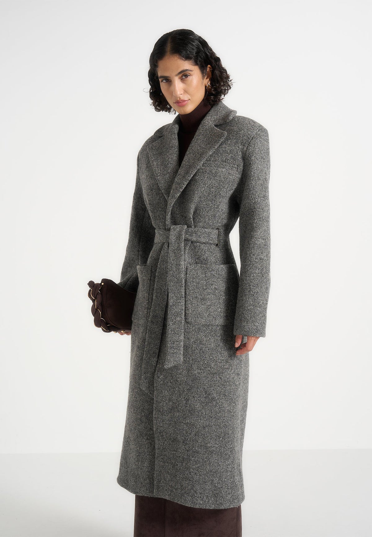 Jena - Wide Shoulder Wool Coat with Cinch Belt - Grey