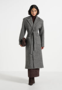 Jena - Wide Shoulder Wool Coat with Cinch Belt - Grey