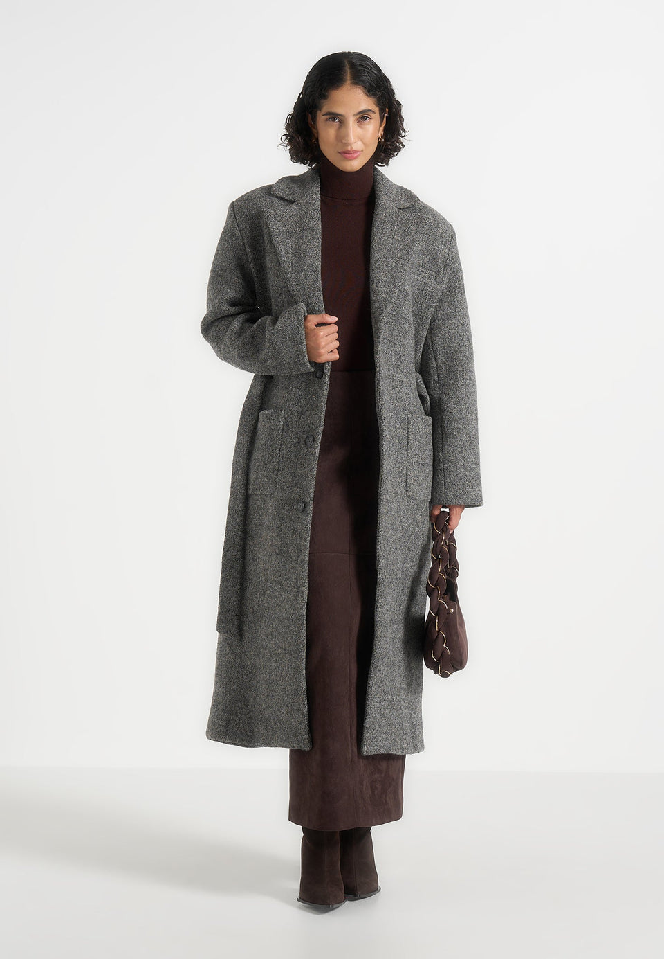 Jena - Wide Shoulder Wool Coat with Cinch Belt - Grey
