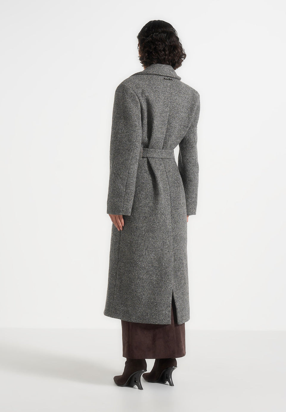 Jena - Wide Shoulder Wool Coat with Cinch Belt - Grey
