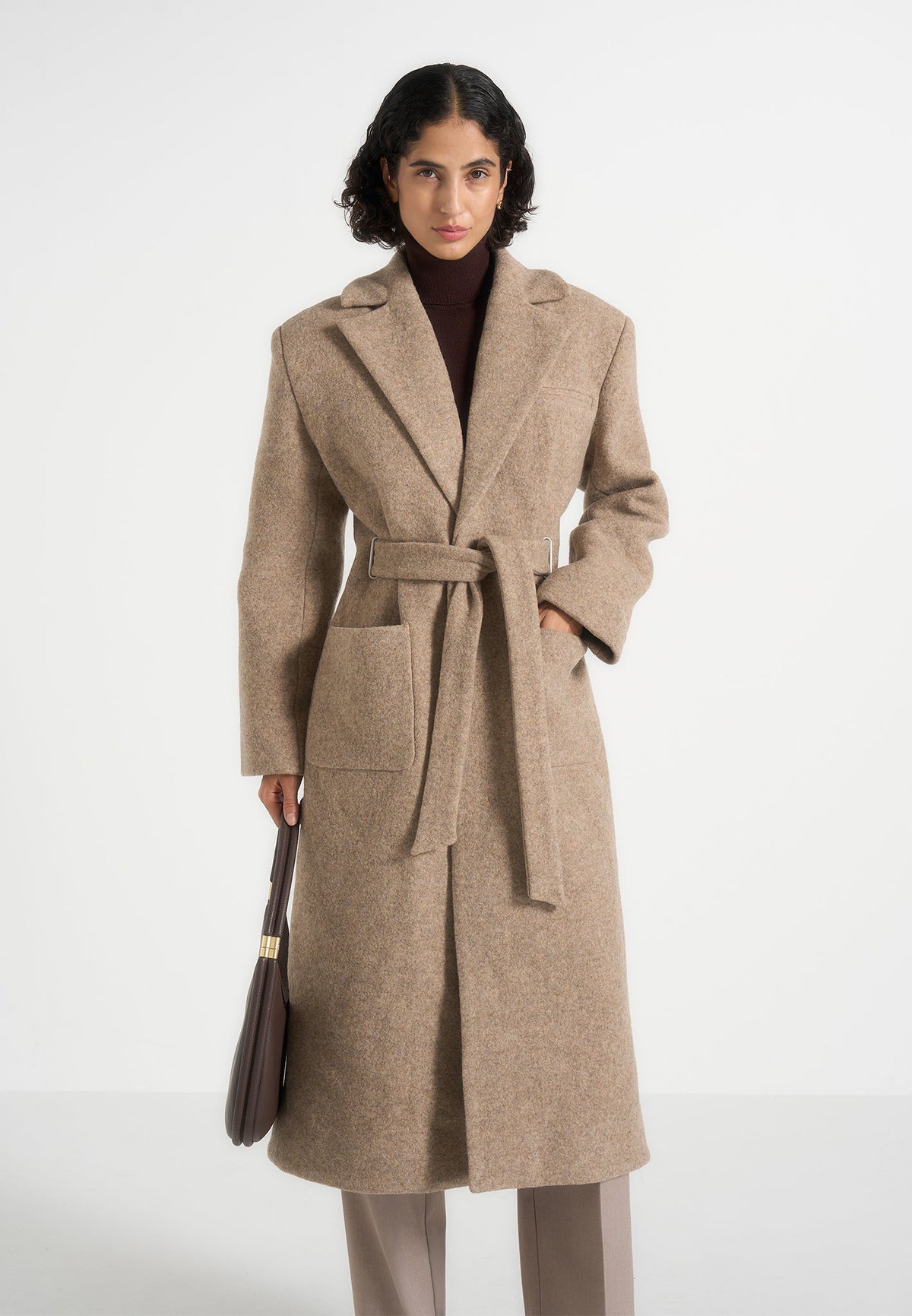 Jena - Wide Shoulder Wool Coat with Cinch Belt - Taupe