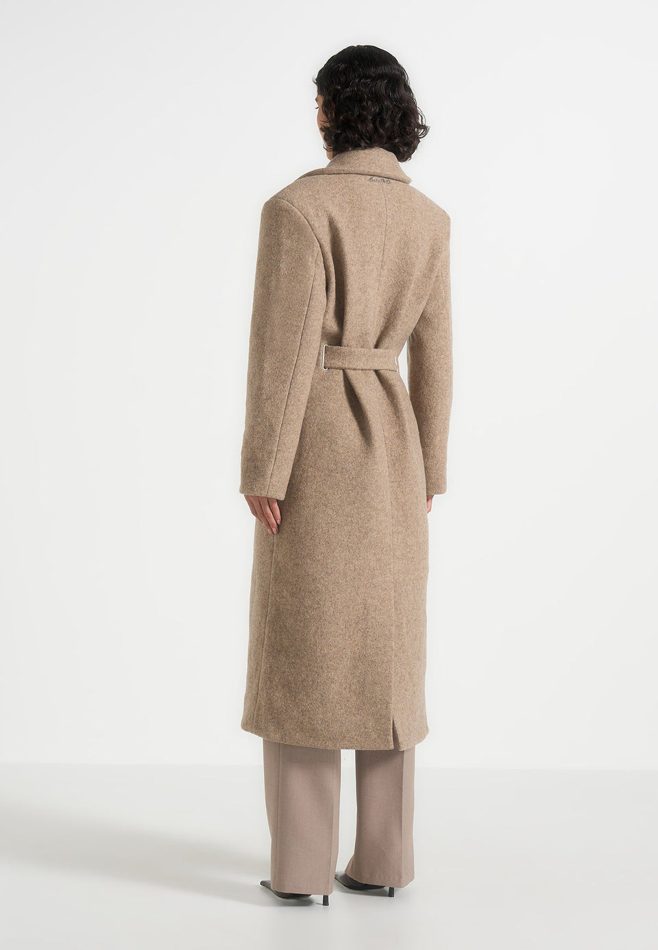 Jena - Wide Shoulder Wool Coat with Cinch Belt - Taupe