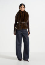 Greta - Belted Fur Wrap Jacket With Pouch - Brown