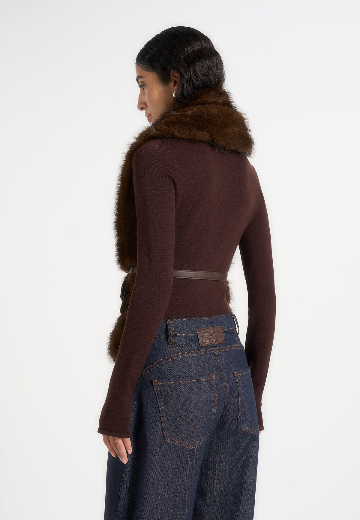 Greta - Belted Fur Wrap Jacket With Pouch - Brown