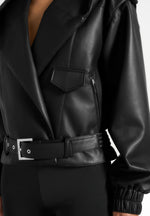 Tamsin - Hooded Cropped Leather Jacket With Belt - Black