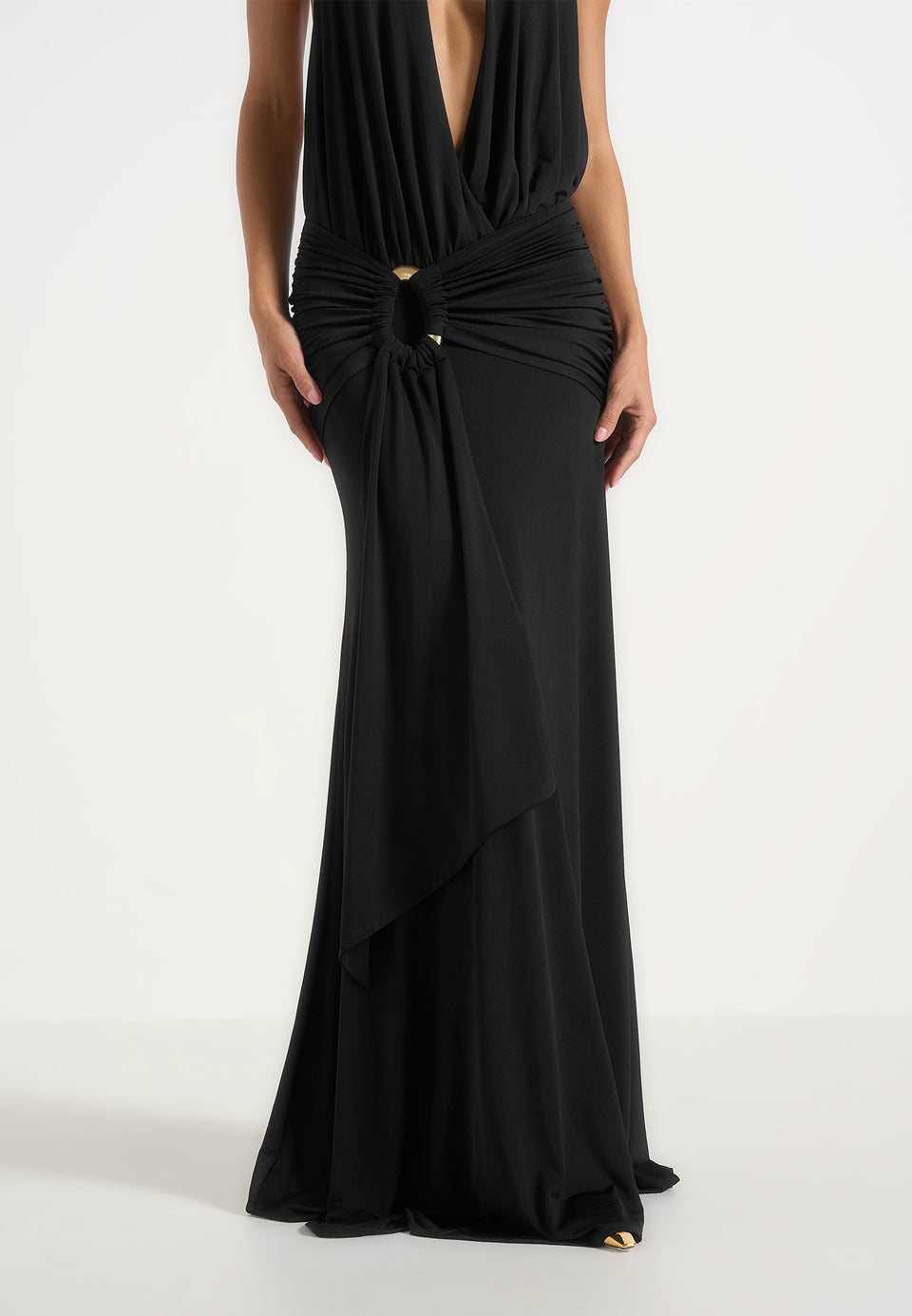 Ida - Plunge Halter Draped Hardware Maxi Dress - Black