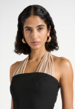 Fiore - Halter Neck Mini Dress With Long Sash - Black / Champagne