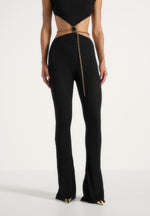 Zelda - Backless Rib Knit Jumpsuit With Hardware Chain Belt - Black