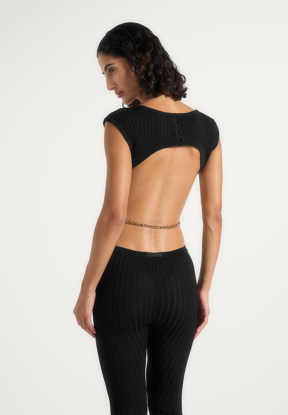 Zelda - Backless Rib Knit Jumpsuit With Hardware Chain Belt - Black