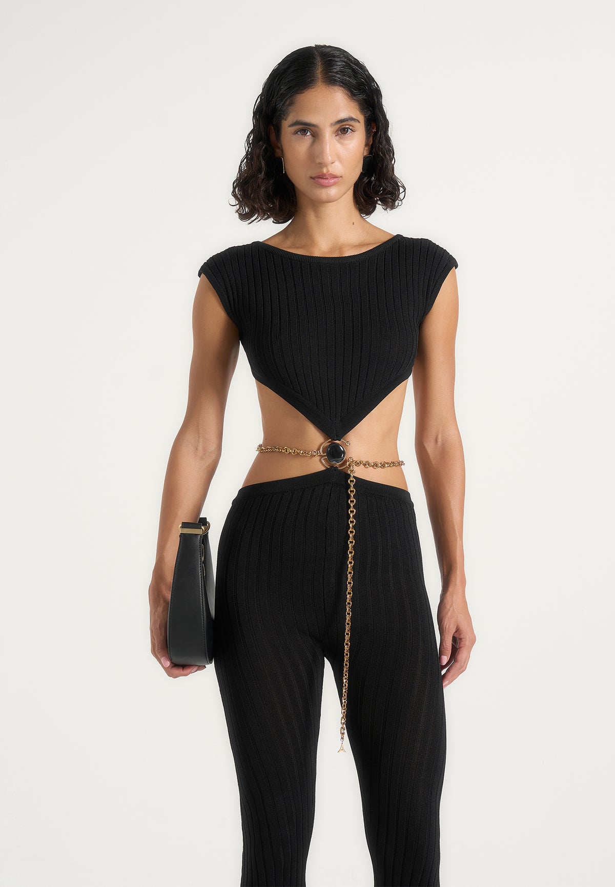 Zelda - Backless Rib Knit Jumpsuit With Hardware Chain Belt - Black