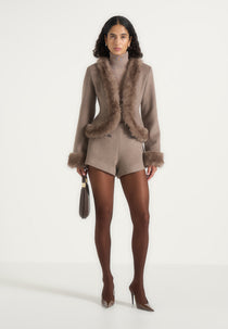 Lina - Sculpted Wool & Fur Trim Jacket - Taupe