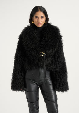 Nola - Mongolian Fur Shawl Jacket with Leather Belt - Black