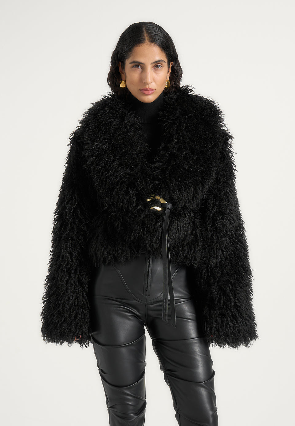 Nola - Mongolian Fur Shawl Jacket with Leather Belt - Black