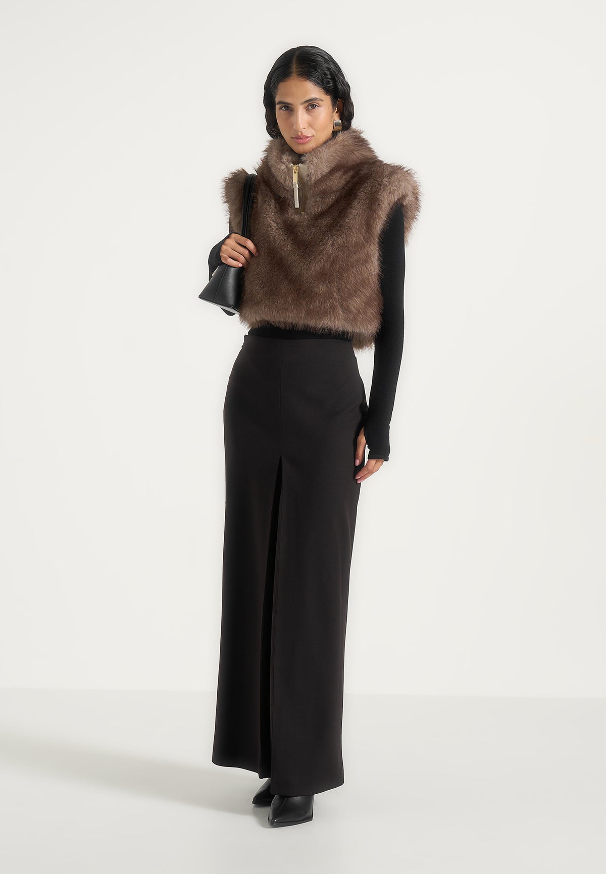 Nayla - High Neck Fur Gilet - Taupe