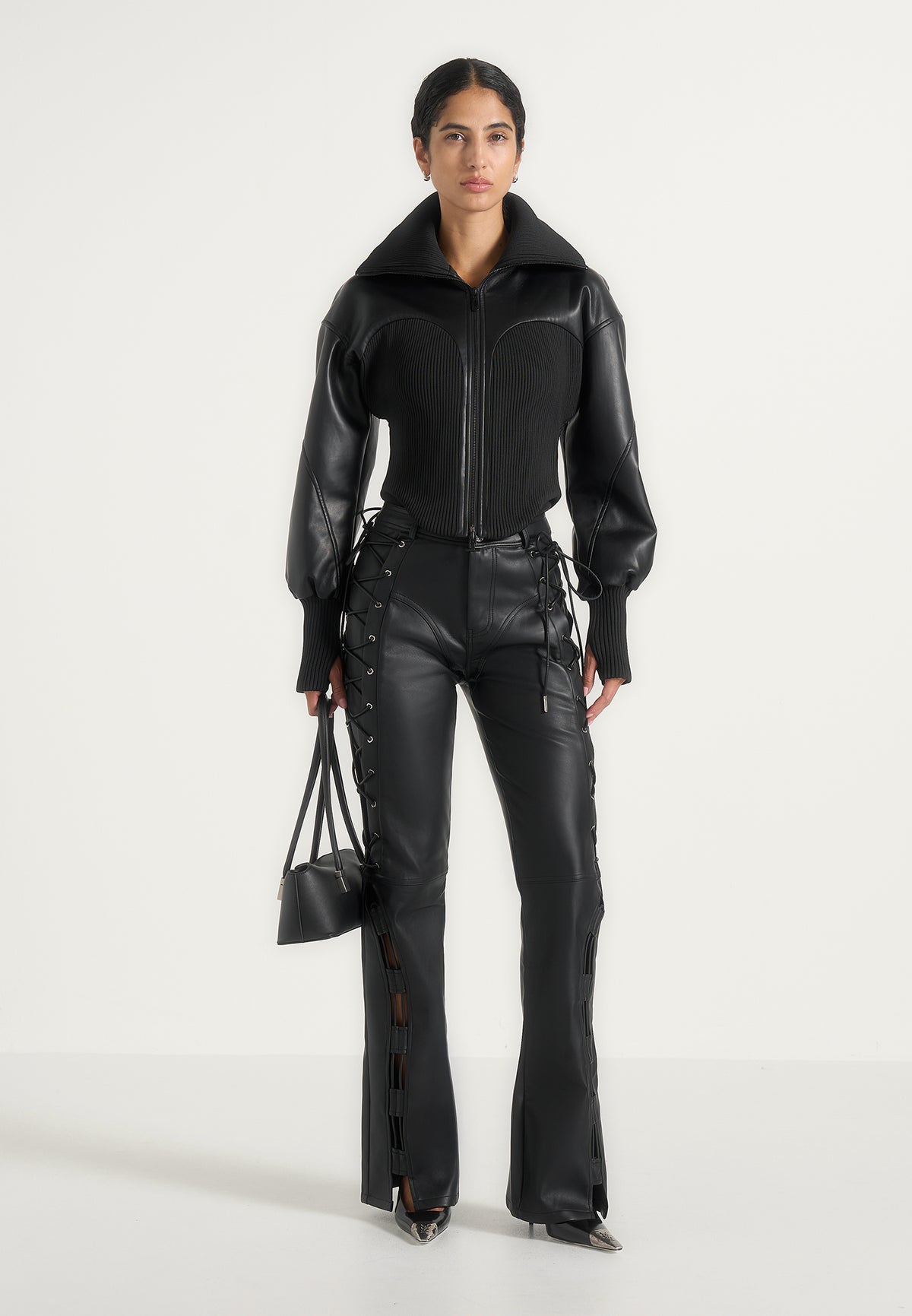 Amani - Leather Funnel Neck Contour Jacket - Black