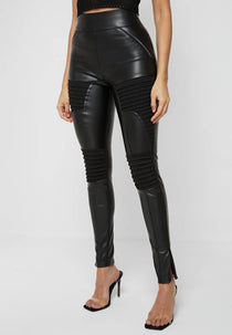 Leather & Suede Ribbed Legging - Black