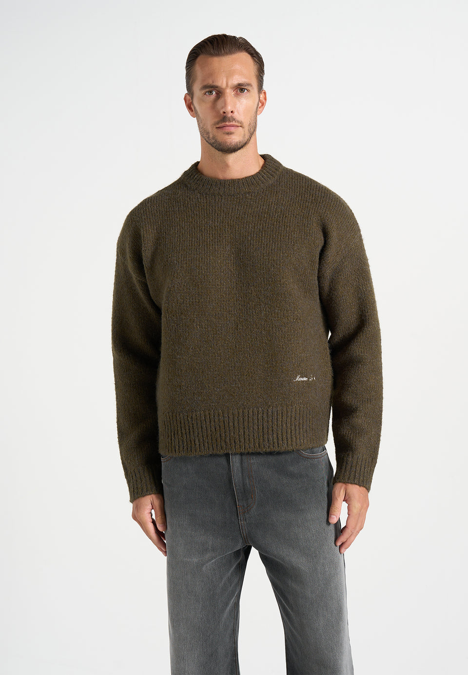 KW001 - Brushed Wool Knit Signature Jumper - Olive