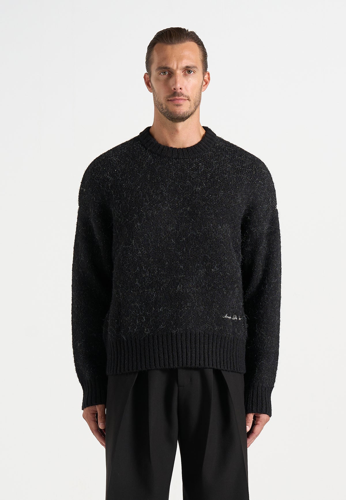 Kamil - Art Slogan Speckled Brushed Wool Knit Jumper - Black