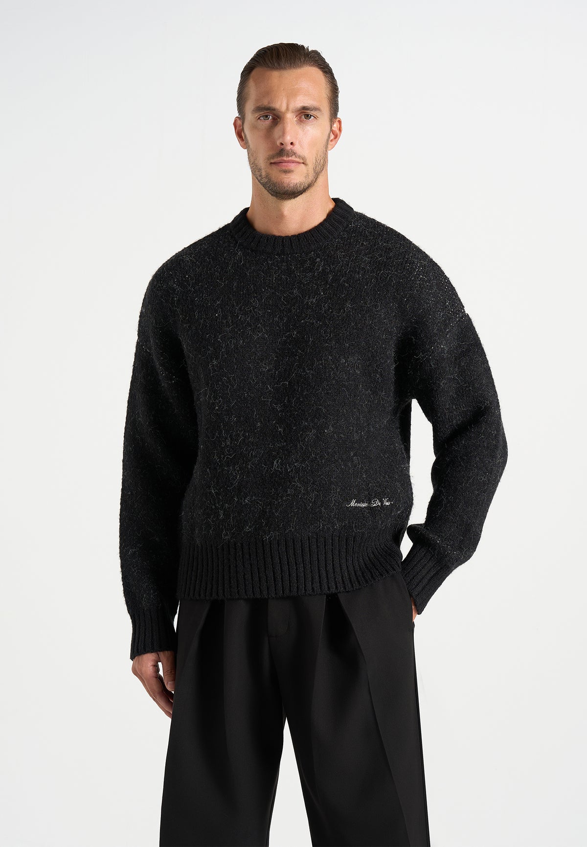 Kamil - Art Slogan Speckled Brushed Wool Knit Jumper - Black