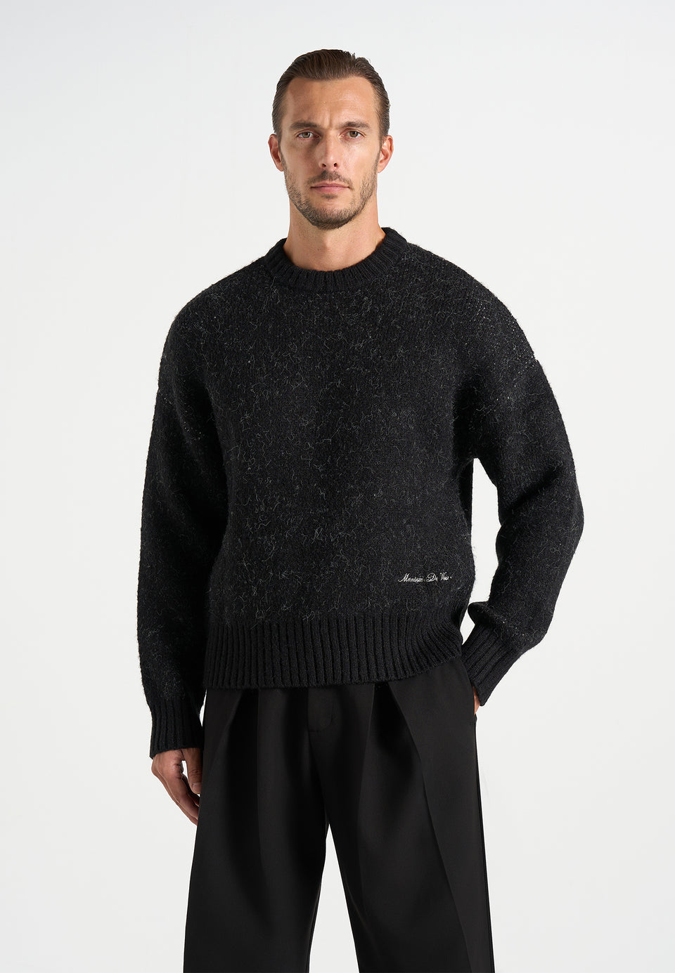 Kamil - Art Slogan Speckled Brushed Wool Knit Jumper - Black