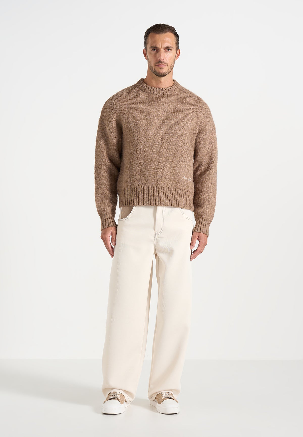 Kamil - Art Slogan Speckled Brushed Wool Knit Jumper - Beige