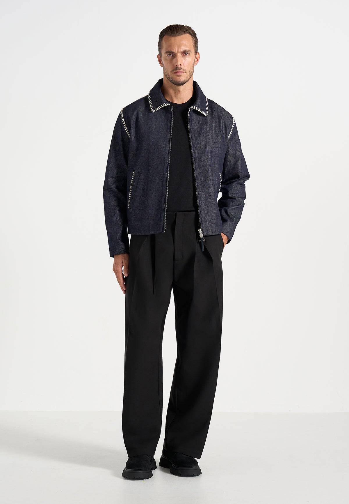 Alex - Whipstitch Boxy Denim Jacket - Indigo