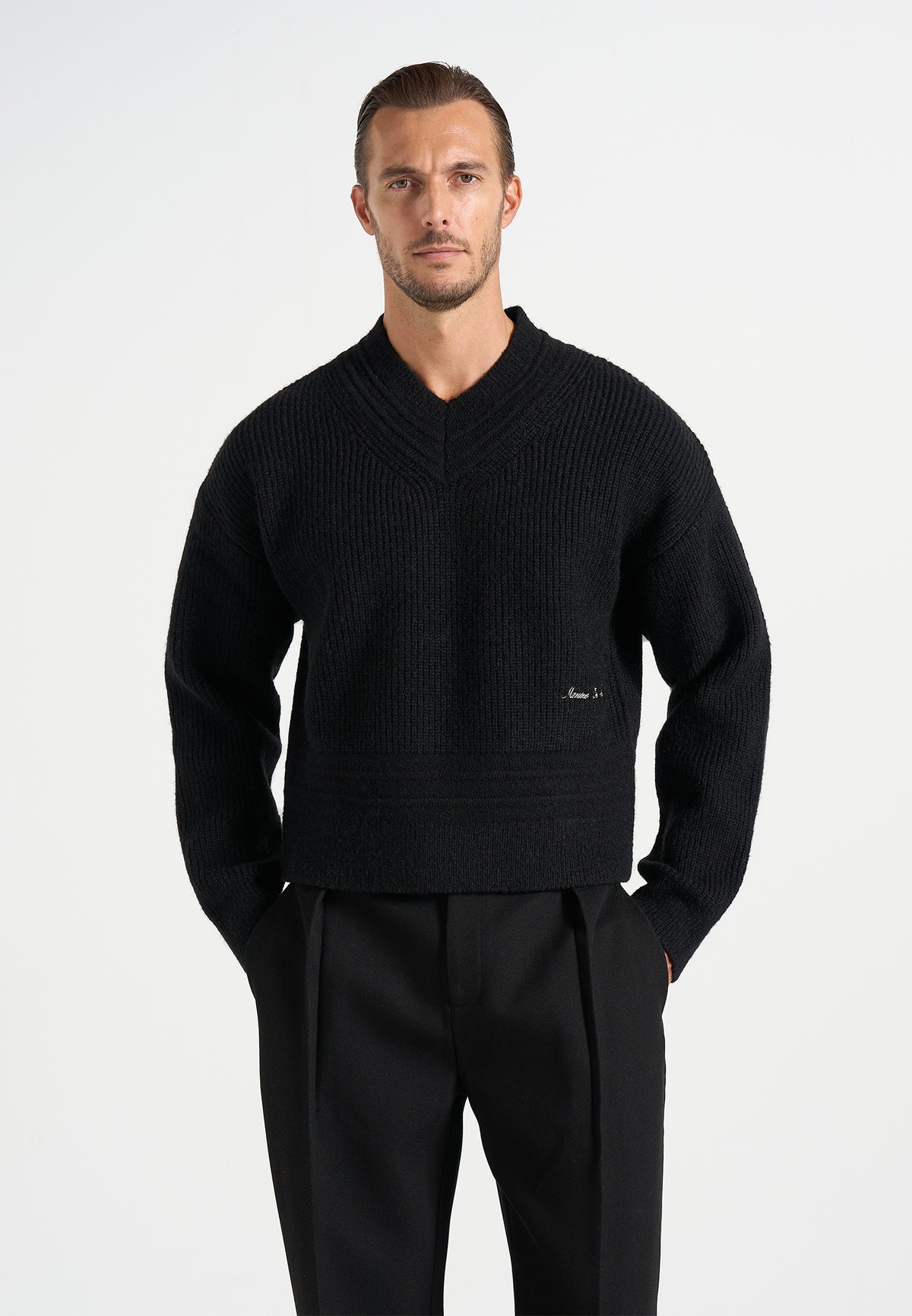 Remi - Signature Ribbed Wool-Blend V-Neck Jumper - Black