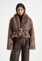 Nola - Fur Shawl Jacket with Leather Belt - Taupe