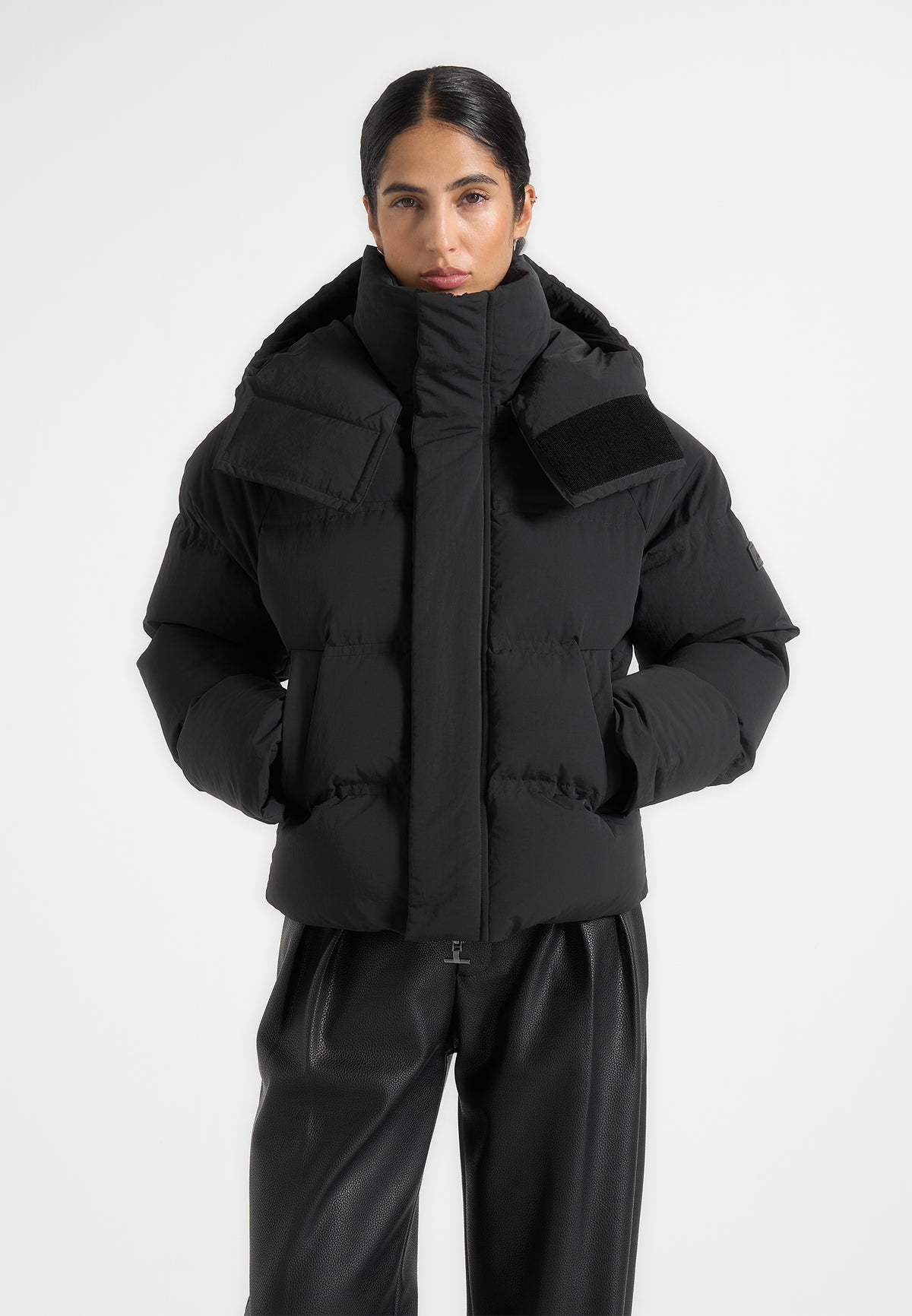 Bradley - Boxy Cropped Raglan Wrap Neck Puffer Jacket - Black