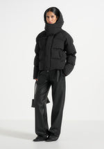 Bradley - Boxy Cropped Raglan Wrap Neck Puffer Jacket - Black