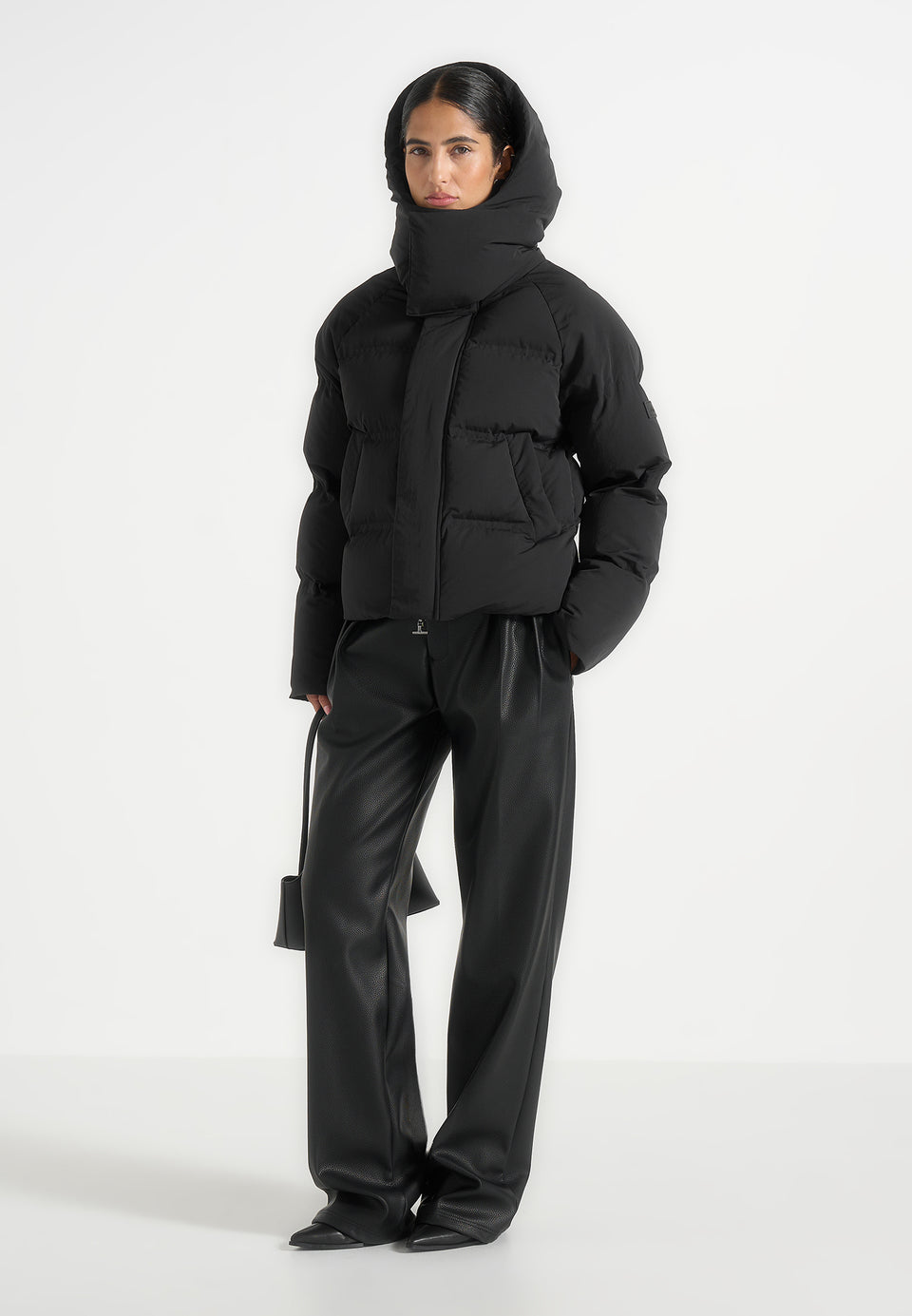 Bradley - Boxy Cropped Raglan Wrap Neck Puffer Jacket - Black