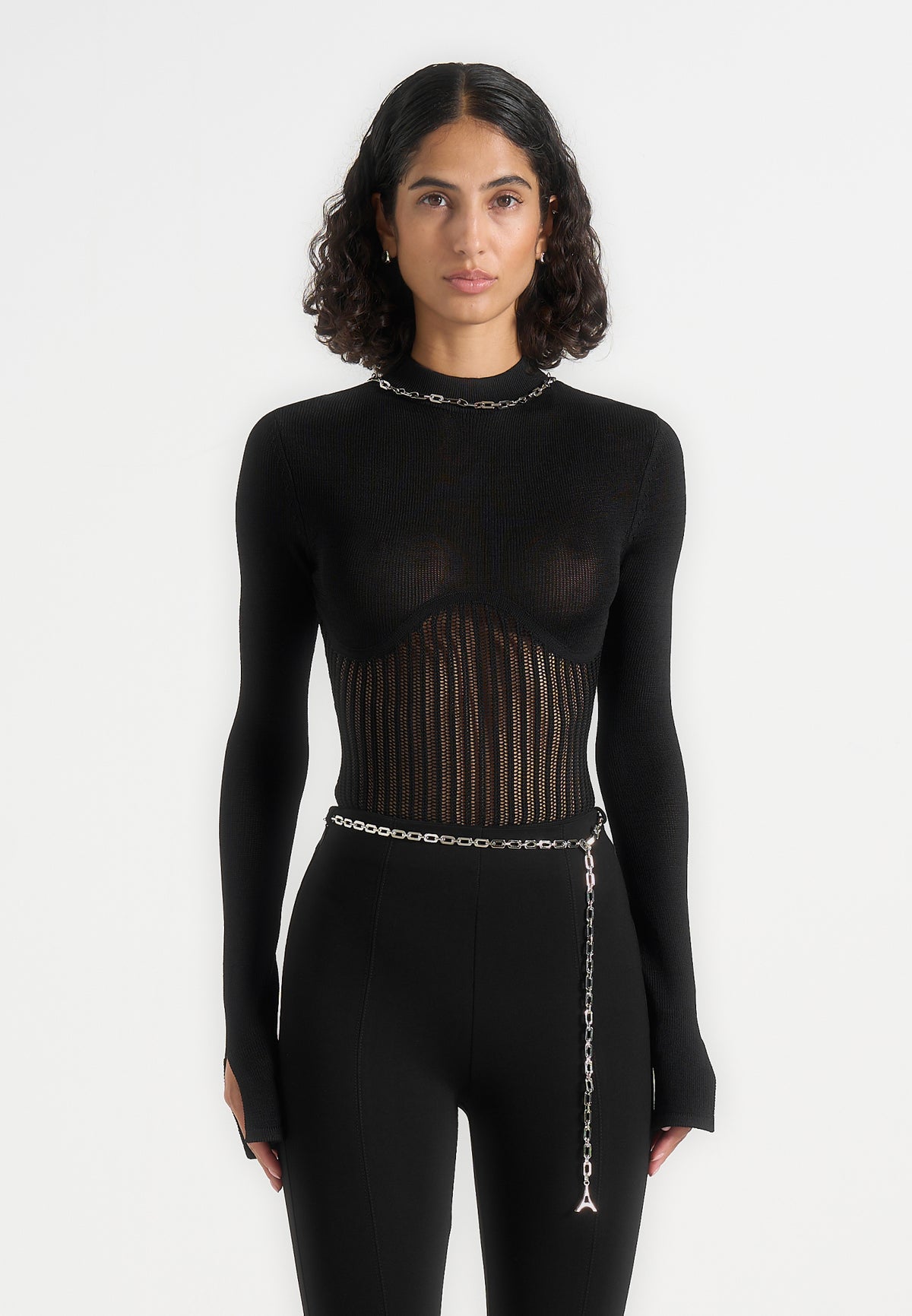 Isabeau - Contour Knit Bodysuit with Chain - Black