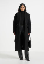 Jena - Wide Shoulder Wool Coat with Cinch Belt - Black