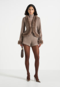 Lina - Sculpted Wool & Fur Trim Jacket - Taupe