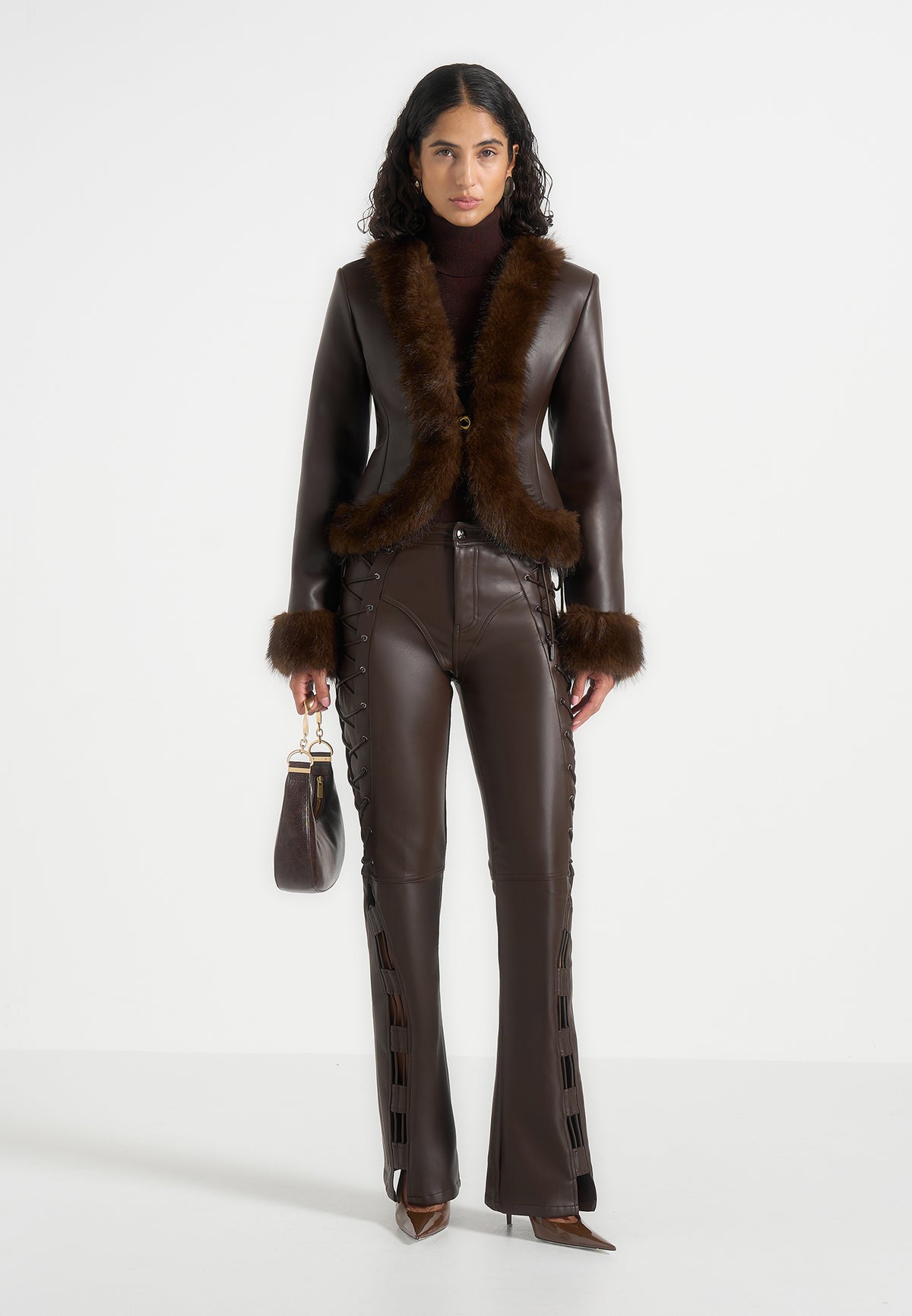 Lina - Sculpted Leather & Fur Trim Jacket - Brown