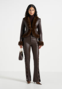 Lina - Sculpted Leather & Fur Trim Jacket - Brown
