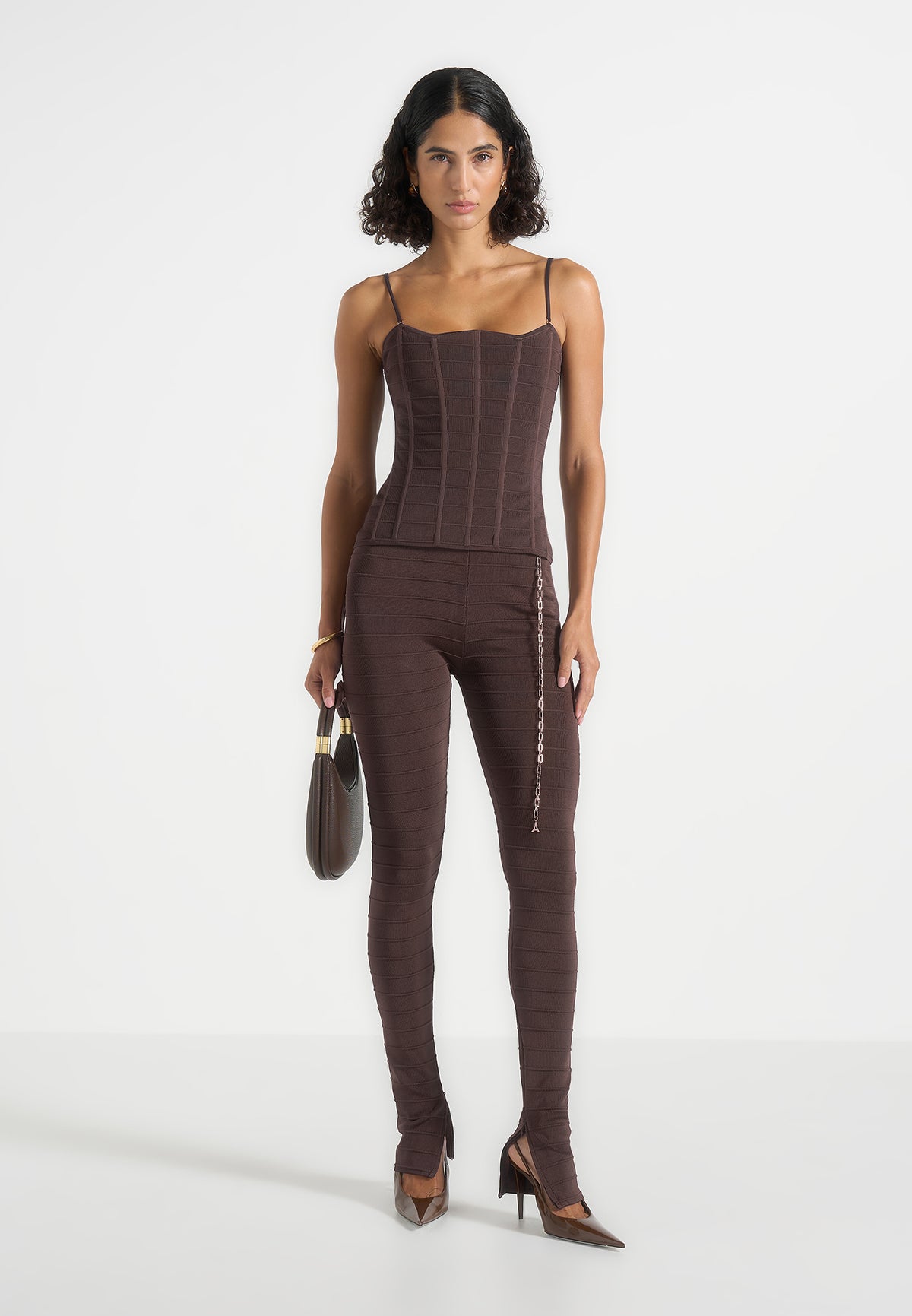 Leigh - Ottoman Bandage Knit Split Hem Leggings - Brown
