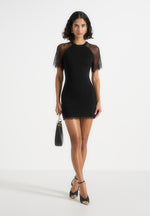 Nadia - Chantilly Lace Sleeve Mini Dress With Lace-Up Back - Black