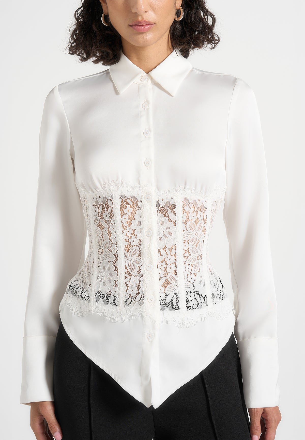 Ethel - Satin Shirt With Lace Corset Panel - Ivory