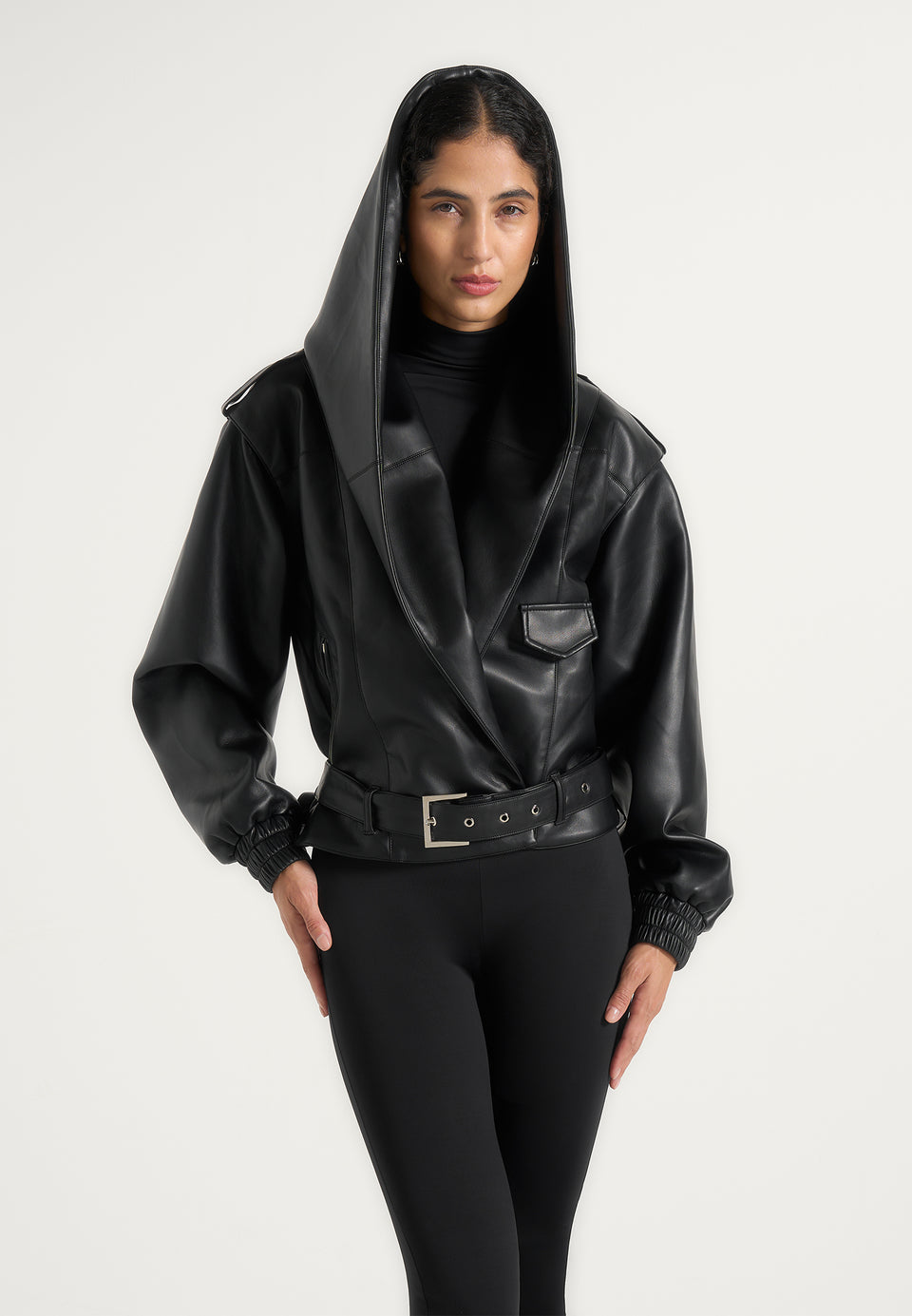 Tamsin - Hooded Cropped Leather Jacket With Belt - Black