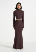 Angelica - High Neck Long Sleeve Maxi Dress With Chain Belt - Brown