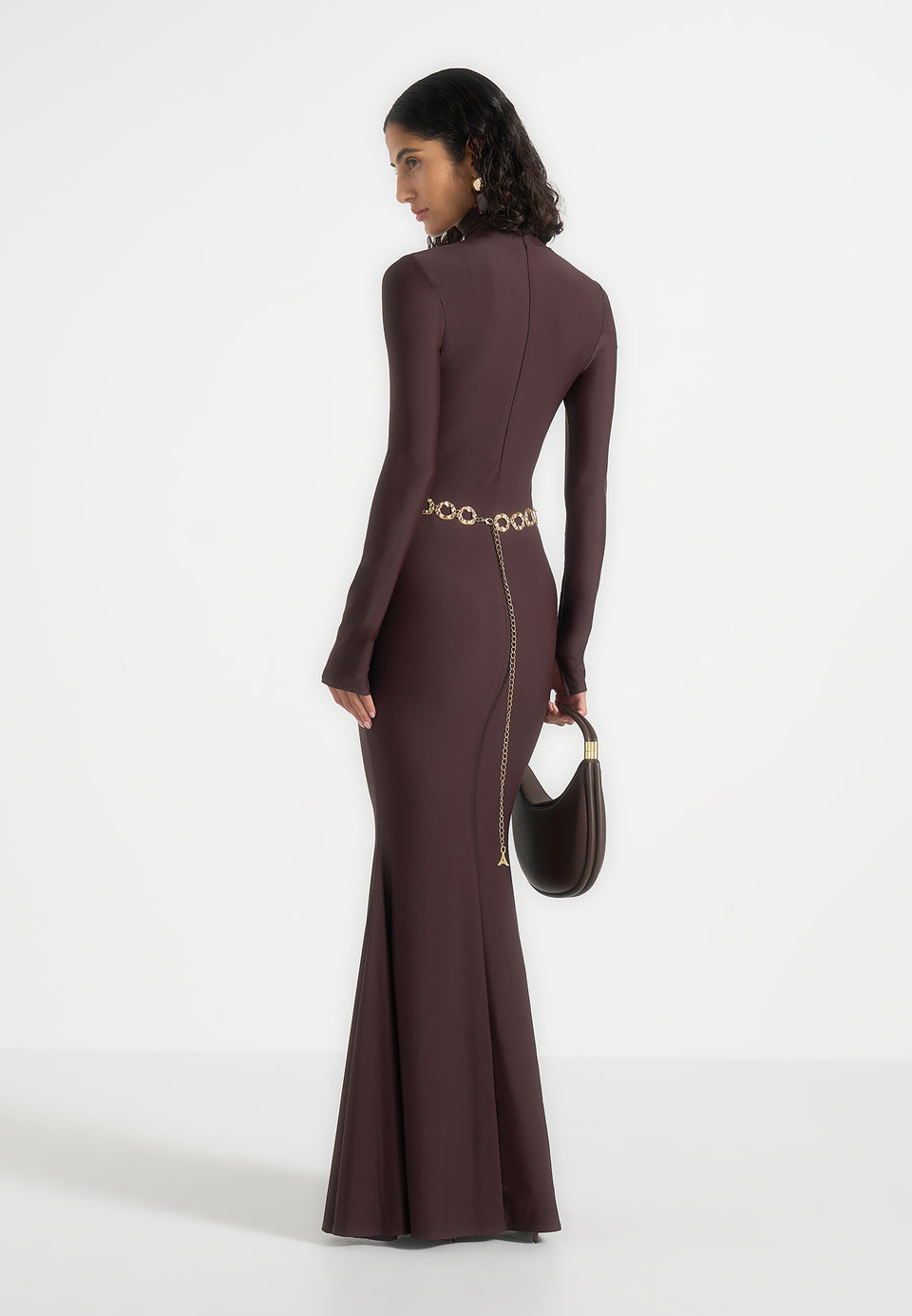 Angelica - High Neck Long Sleeve Maxi Dress With Chain Belt - Brown