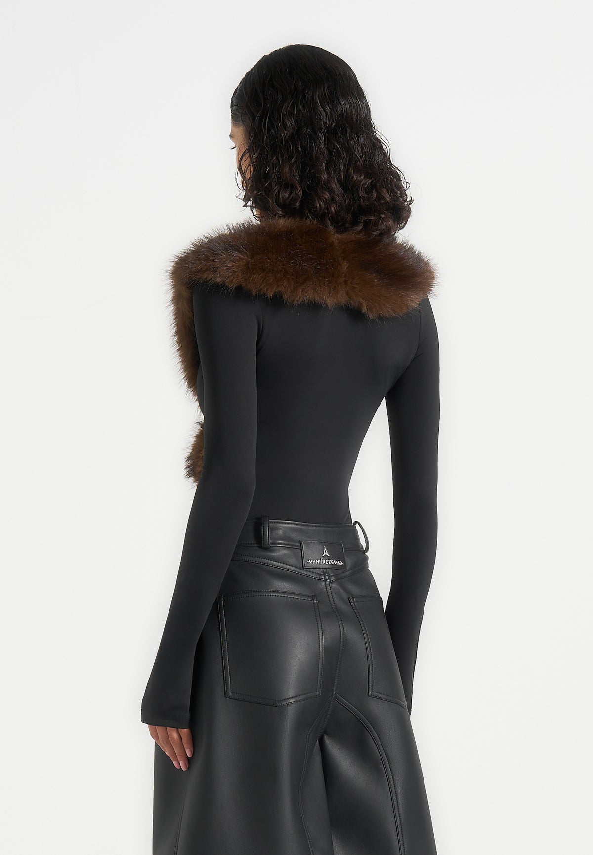 Libby - Fur Collar Long Sleeve Bodysuit - Black / Brown