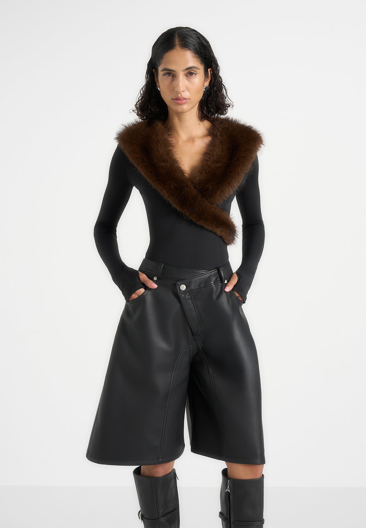 Libby - Fur Collar Long Sleeve Bodysuit - Black / Brown