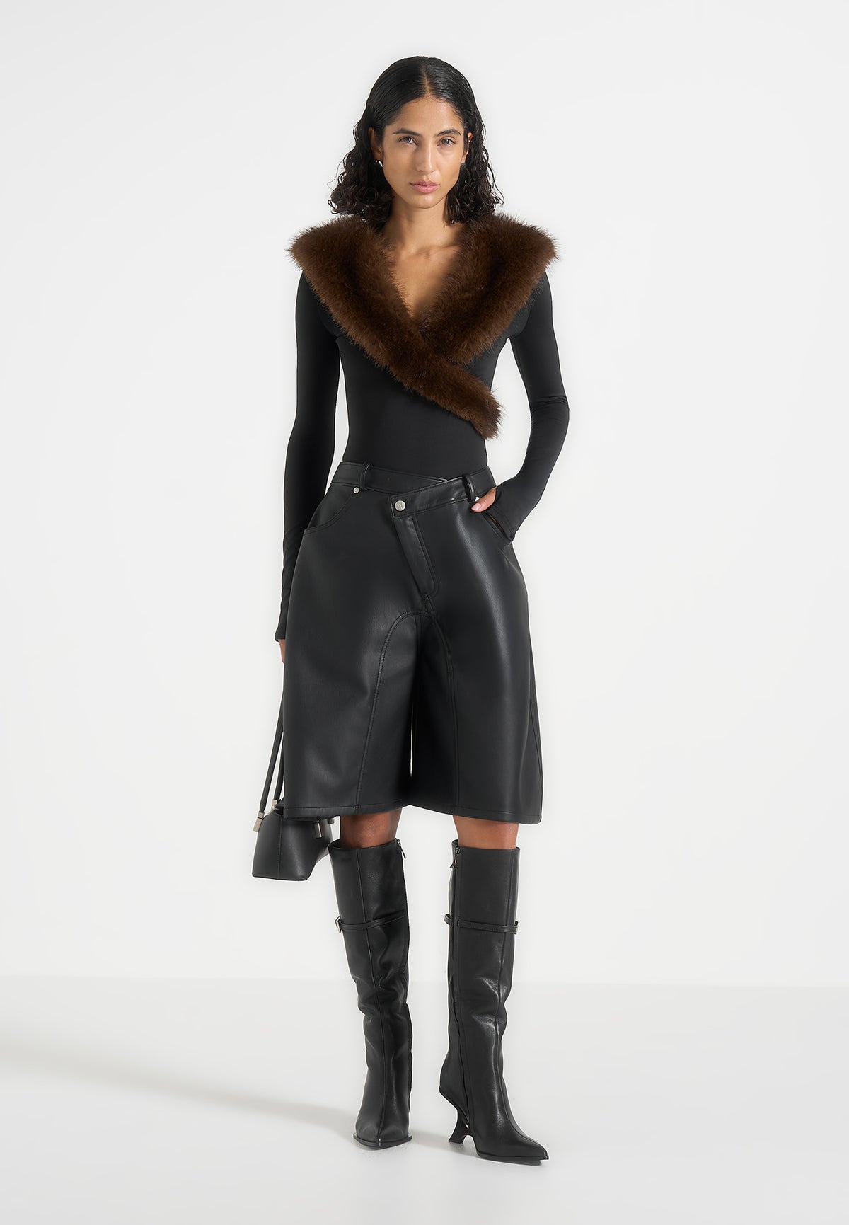 Libby - Fur Collar Long Sleeve Bodysuit - Black / Brown