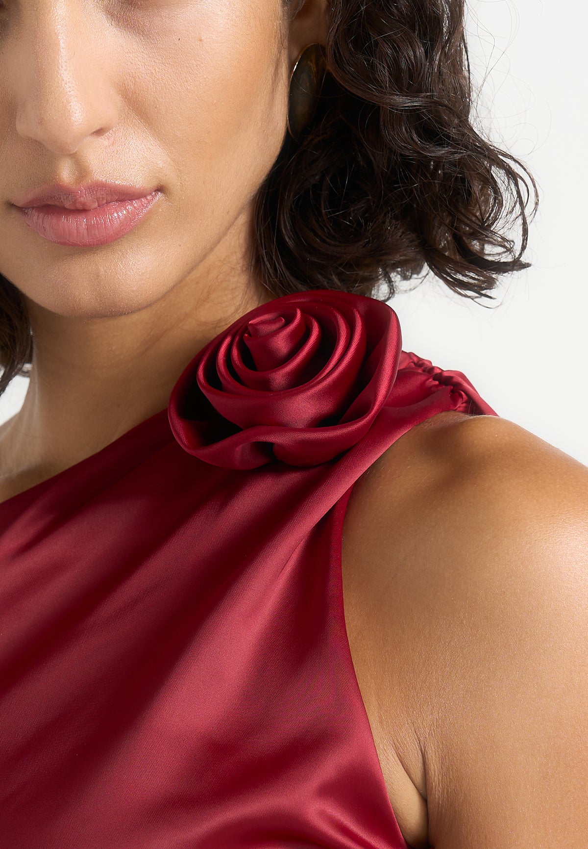 Heidi - One Shoulder Satin Rosette Top - Red